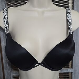 Victoria's Secret Black Bombshell Plunge Bra w/ Rhinestone Straps, Sz 32D, NWT